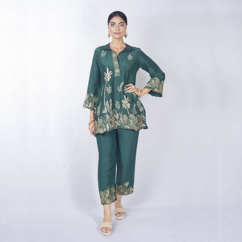 Green embroidered linen kurta set
