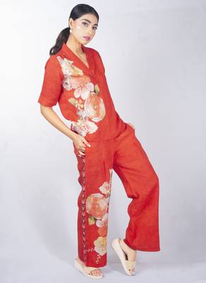 Red printed linen co ord set 2