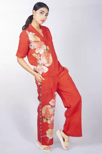 Red printed linen co ord set