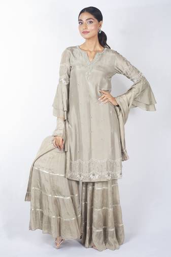Beige embroidered silk sharara set
