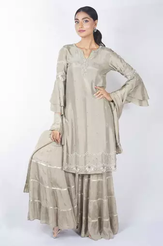Beige embroidered silk sharara set
