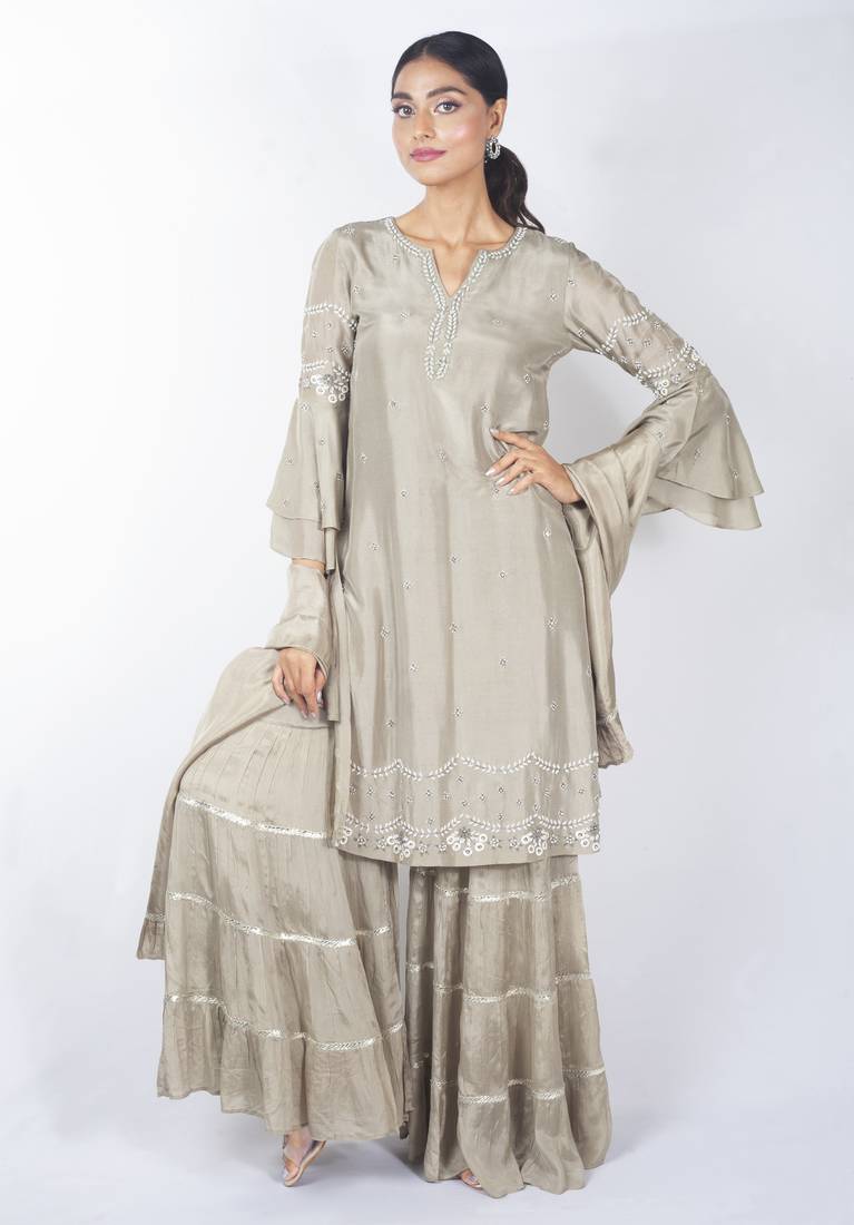 Beige embroidered silk sharara set