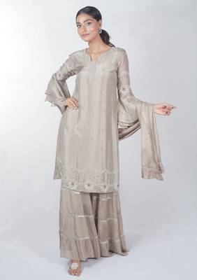 Beige embroidered silk sharara set 2