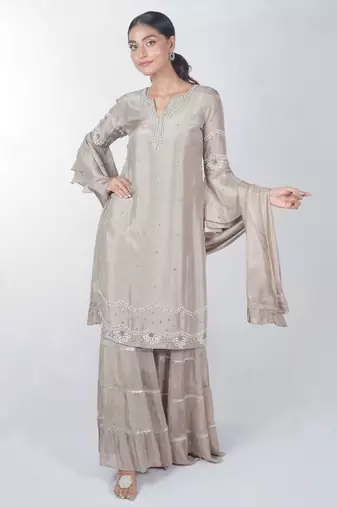 Beige embroidered silk sharara set
