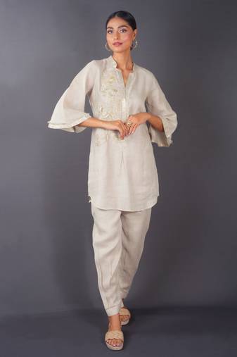 Beige embroidered linen kurta set