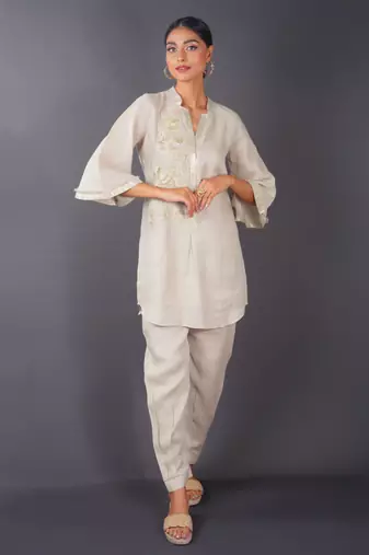 Beige embroidered linen kurta set