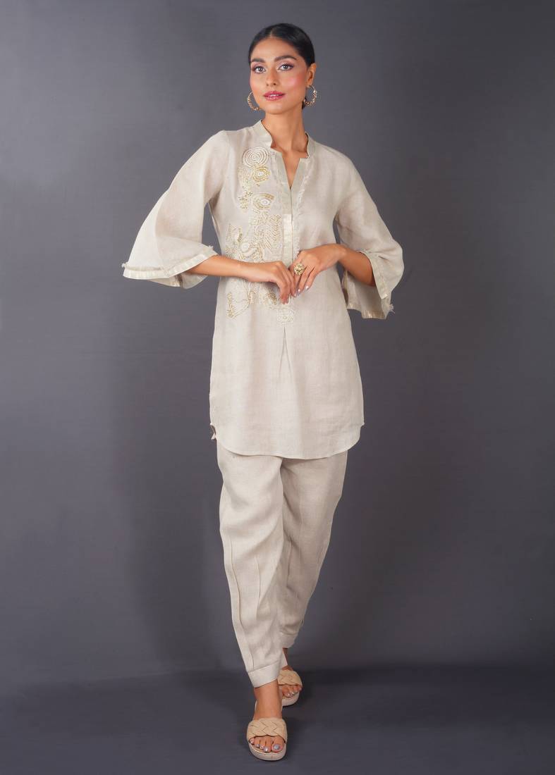 Beige embroidered linen kurta set