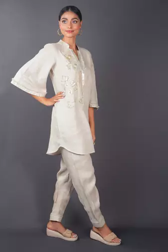 Beige embroidered linen kurta set