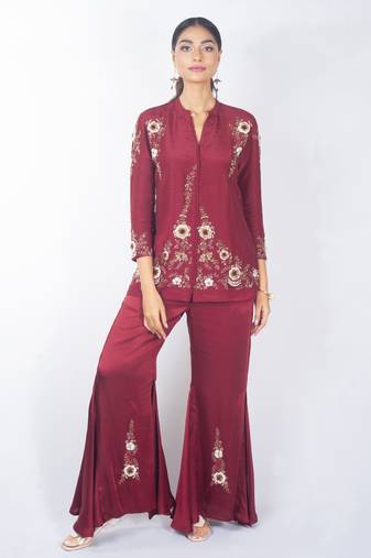 Red embroidered linen kurta set