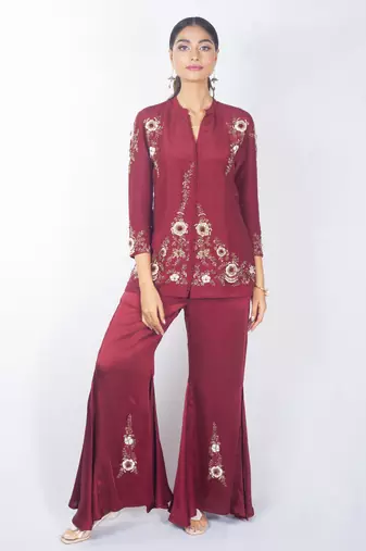 Red embroidered linen kurta set