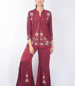 Red embroidered linen kurta set