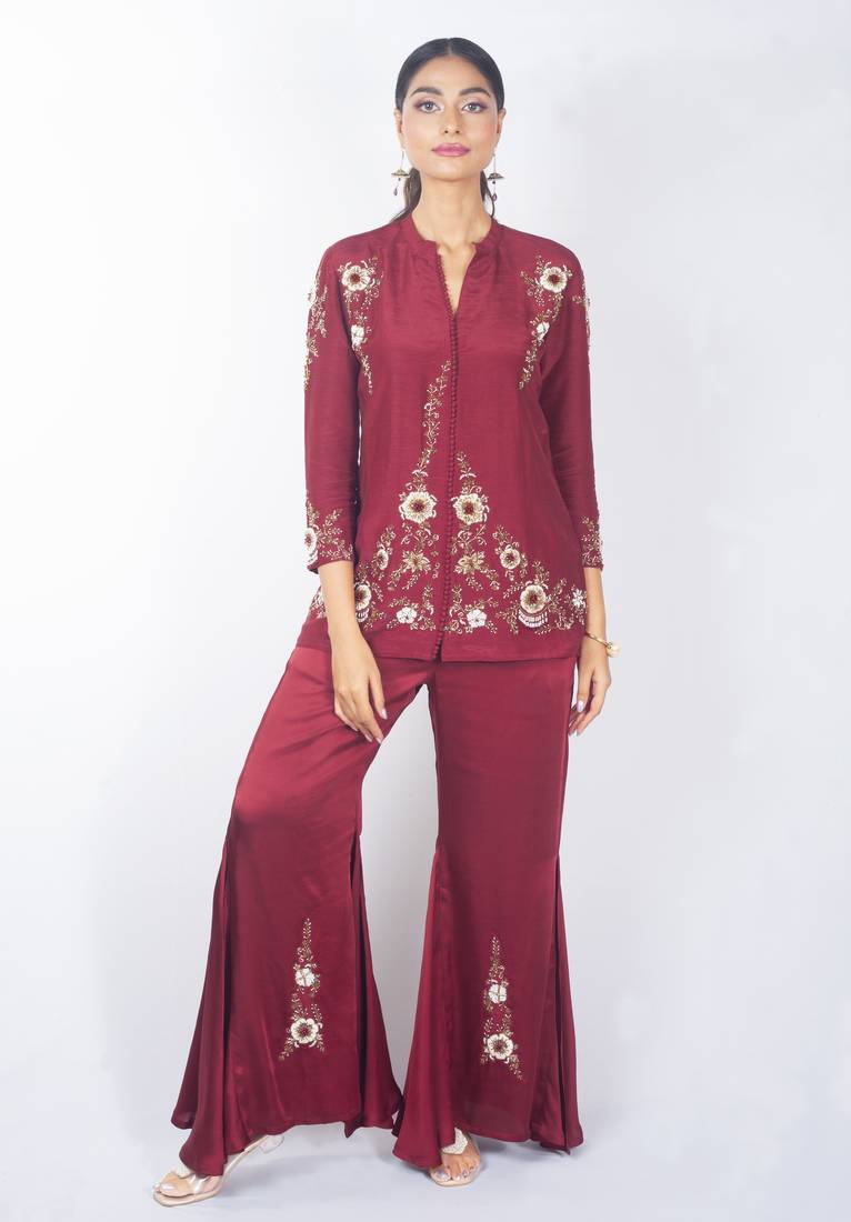 Red embroidered linen kurta set