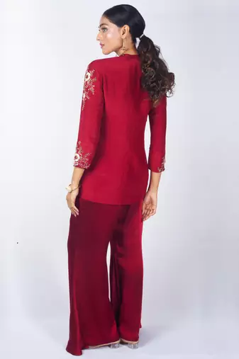 Red embroidered linen kurta set