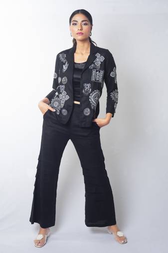 Black embroidered linen co ord set