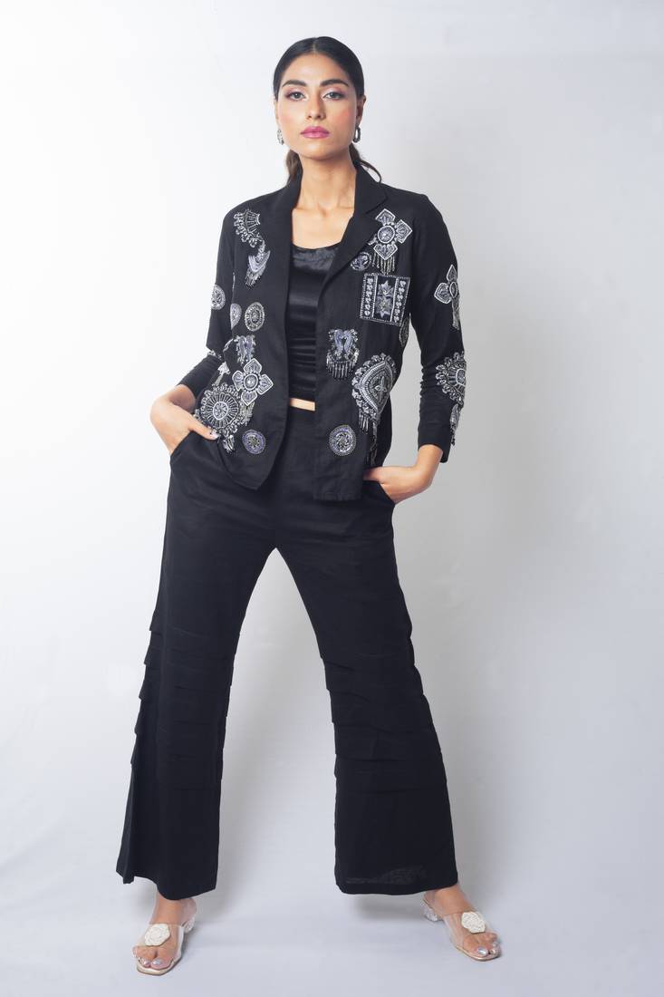 Black embroidered linen co ord set