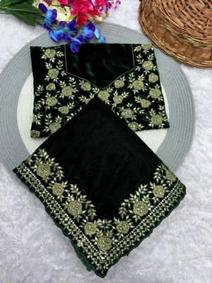 green velvet saree with embroidered unstitched 1