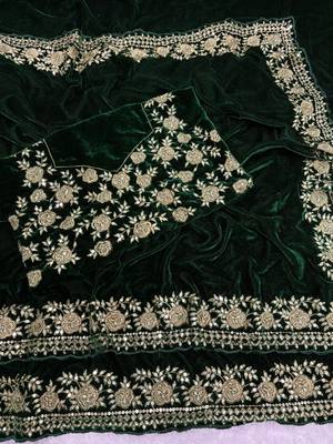 green velvet saree with embroidered unstitched 2