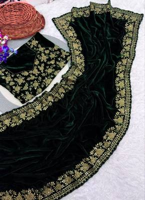 green velvet saree with embroidered unstitched 3