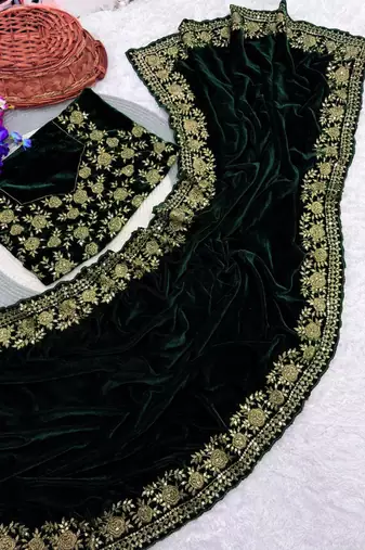 green velvet saree with embroidered-unstitched