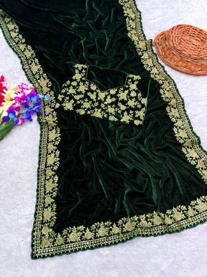 green velvet saree with embroidered unstitched 4