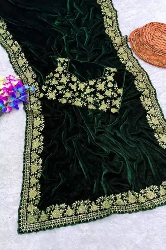 green velvet saree with embroidered-unstitched