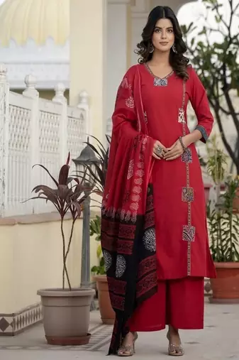 floral printed pink cotton kurta trouser and dupatta set