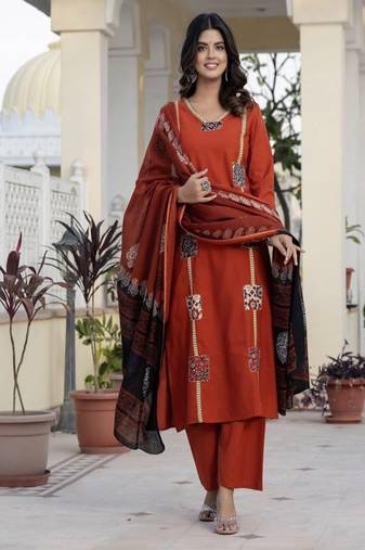 orange floral printed cotton kurta trouser and dupatta set