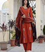 orange floral printed cotton kurta trouser and dupatta set