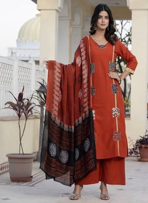orange floral printed cotton kurta trouser and dupatta set 2