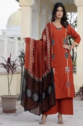 orange floral printed cotton kurta trouser and dupatta set