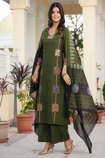 floral printed green cotton kurta trouser and dupatta set