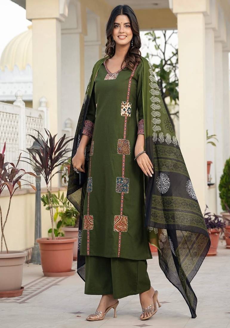 green floral printed cotton kurta trouser and dupatta set