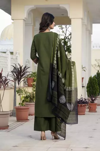 green floral printed cotton kurta trouser and dupatta set
