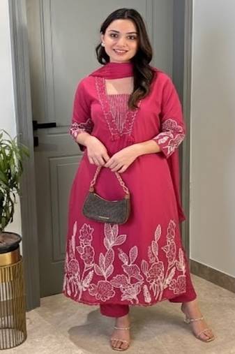 Pink floral embroidered cotton kurta trouser and dupatta set