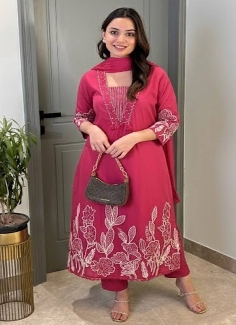 Pink floral embroidered cotton kurta trouser and dupatta set