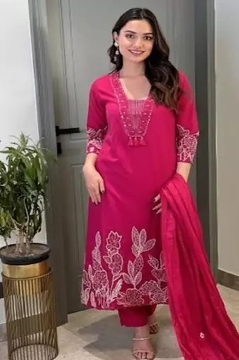 Pink floral embroidered cotton kurta trouser and dupatta set
