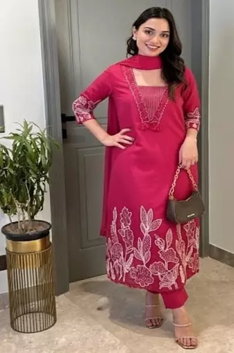 Pink floral embroidered cotton kurta trouser and dupatta set