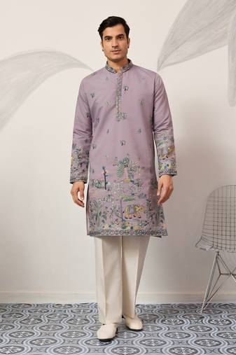 Purple viscose silk thread & sequins embroidered work wedding festival marriage party wear straight mens kurta