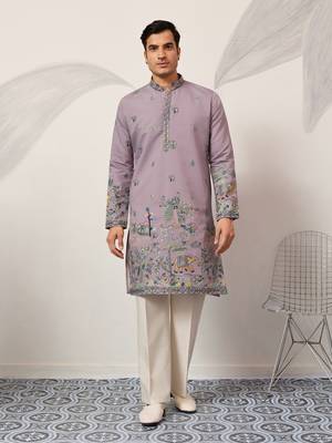 PURPLE VISCOSE SILK THREAD & SEQUINS EMBROIDERED WORK WEDDING FESTIVAL MARRIAGE PARTY WEAR STRAIGHT MENS KURTA 1