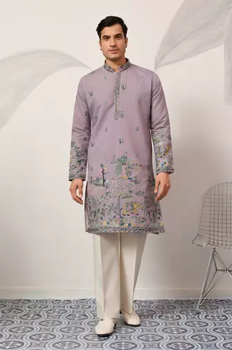 Purple viscose silk thread & sequins embroidered work wedding festival marriage party wear straight mens kurta