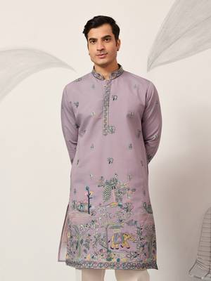 PURPLE VISCOSE SILK THREAD & SEQUINS EMBROIDERED WORK WEDDING FESTIVAL MARRIAGE PARTY WEAR STRAIGHT MENS KURTA 3