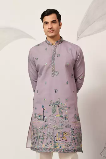 PURPLE VISCOSE SILK THREAD & SEQUINS EMBROIDERED WORK WEDDING FESTIVAL MARRIAGE PARTY WEAR STRAIGHT MENS KURTA