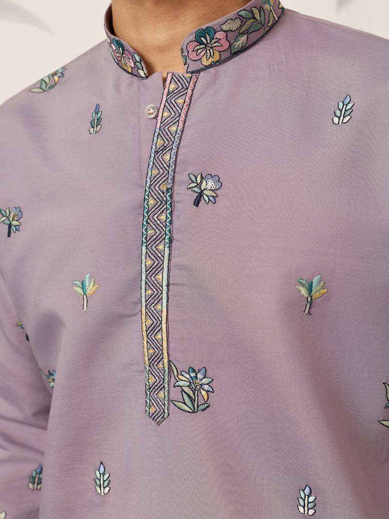 PURPLE VISCOSE SILK THREAD & SEQUINS EMBROIDERED WORK WEDDING FESTIVAL MARRIAGE PARTY WEAR STRAIGHT MENS KURTA