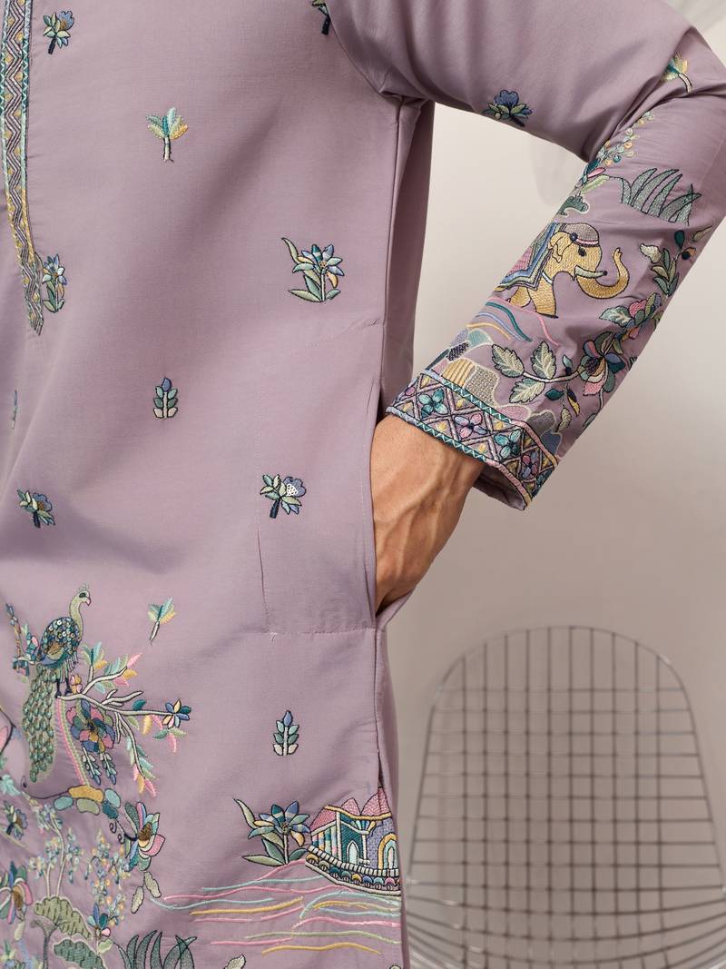 PURPLE VISCOSE SILK THREAD & SEQUINS EMBROIDERED WORK WEDDING FESTIVAL MARRIAGE PARTY WEAR STRAIGHT MENS KURTA