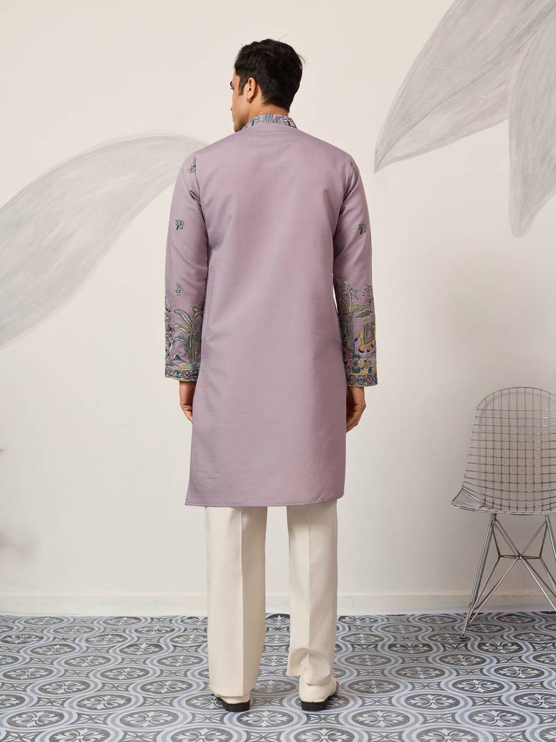 PURPLE VISCOSE SILK THREAD & SEQUINS EMBROIDERED WORK WEDDING FESTIVAL MARRIAGE PARTY WEAR STRAIGHT MENS KURTA