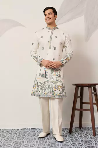White viscose silk thread & sequins embroidered work wedding festival marriage party wear straight mens kurta