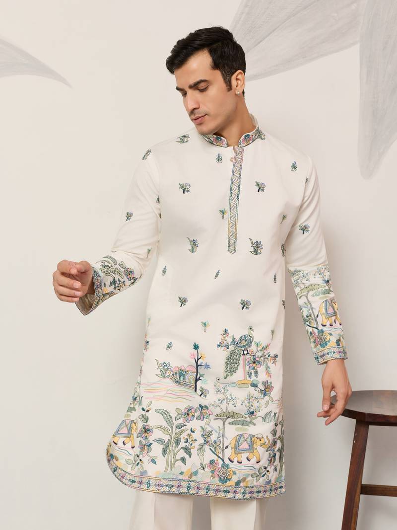 WHITE VISCOSE SILK THREAD & SEQUINS EMBROIDERED WORK WEDDING FESTIVAL MARRIAGE PARTY WEAR STRAIGHT MENS KURTA