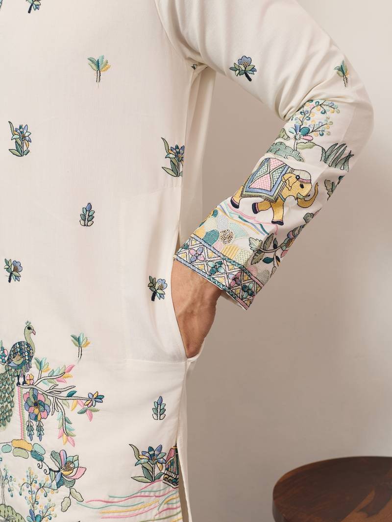 WHITE VISCOSE SILK THREAD & SEQUINS EMBROIDERED WORK WEDDING FESTIVAL MARRIAGE PARTY WEAR STRAIGHT MENS KURTA