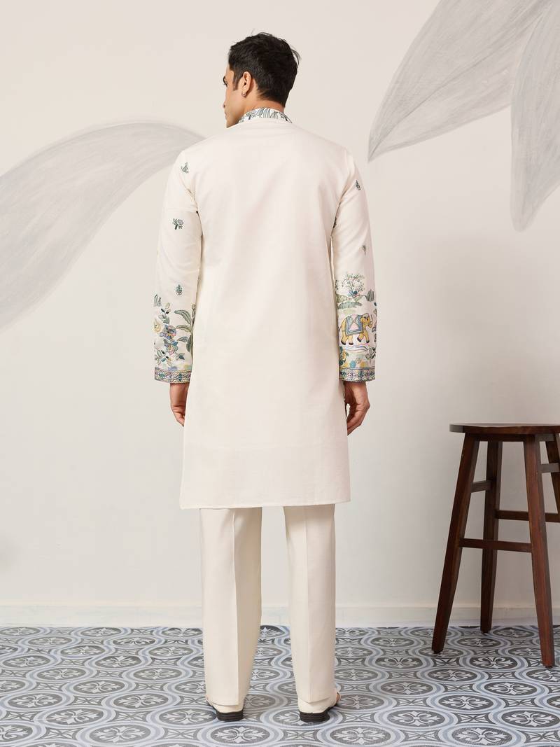 WHITE VISCOSE SILK THREAD & SEQUINS EMBROIDERED WORK WEDDING FESTIVAL MARRIAGE PARTY WEAR STRAIGHT MENS KURTA