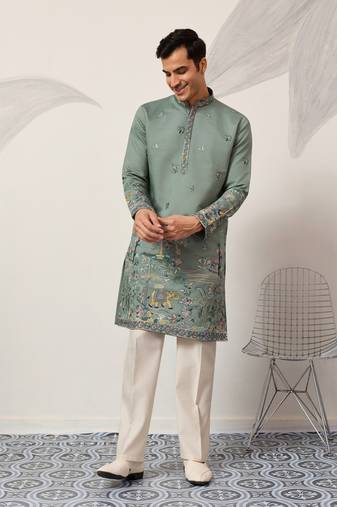 Pista green viscose silk thread & sequins embroidered work wedding festival marriage party wear straight mens kurta